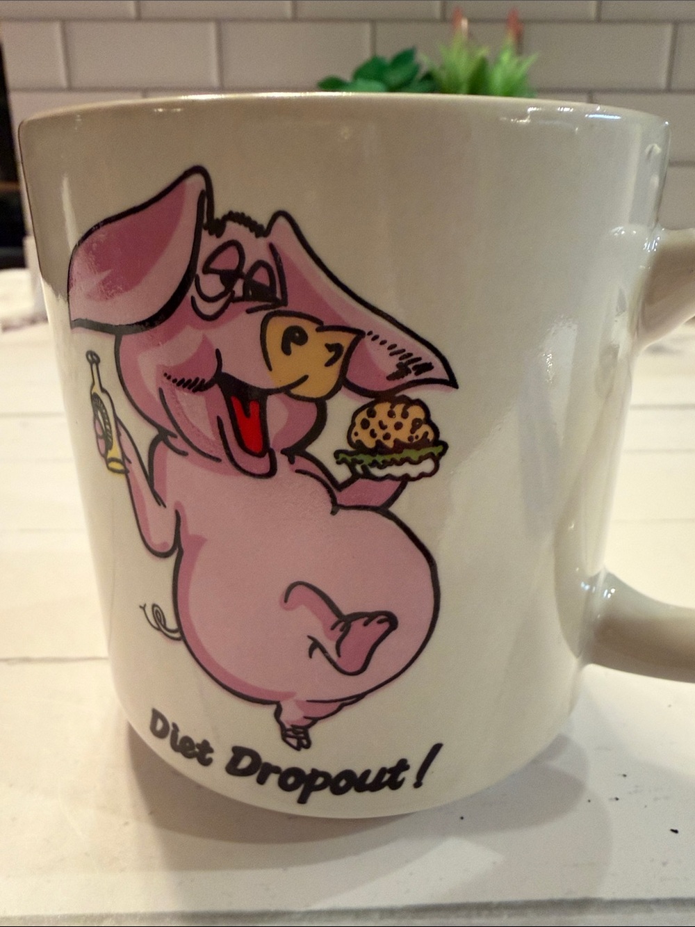 White Ceramic 'Diet Dropout' Coffee Mug with Pink Pig Design